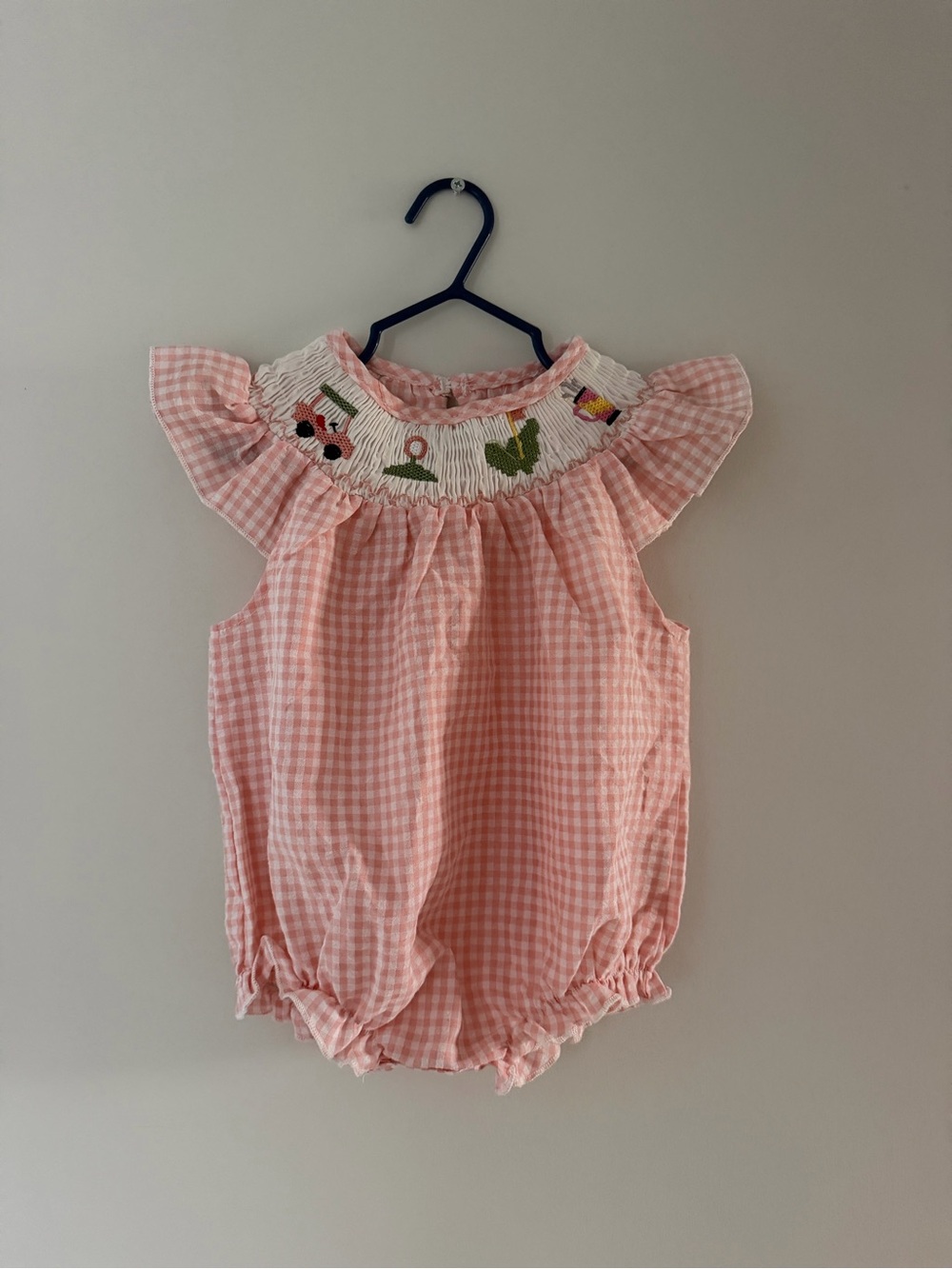 Light Pink Gingham Smocked Baby Romper Golf Theme